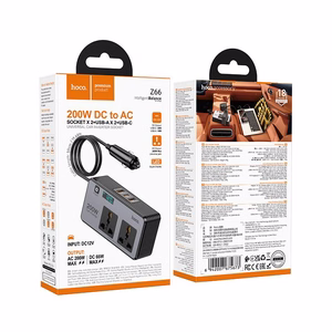 Hoco išmanusis dvigubas automobilinis inverterio įkroviklis 2 žiebtuvėlio lizdai maks. 200W PD66W/1C2A Z66 juodas
