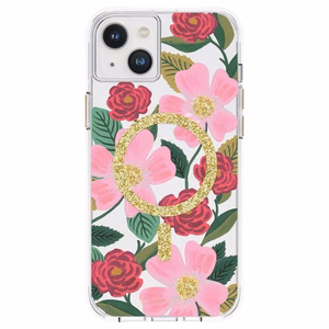 Rifle Paper Clear MagSafe dėklas, skirtas iPhone 14 Plus, su aukso spalvos dekoru, „Rose Garden“ rašto