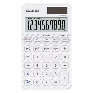 Skaičiuotuvas Casio SL-310YC-WE su baterijomis ir saulės energija, baltas