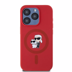 Karl Lagerfeld silikoninis Karl&Choupette galvų žiedas Magnetinis dėklas iPhone 15 Pro - Raudonas