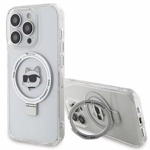 Karl Lagerfeld KLHMP15LHMRSCHH iPhone 15 Pro 6.1" baltas/baltas kietas dėklas su žiediniu stovu Choupette Galva Magnetinis