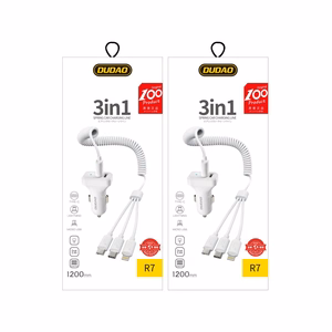 Įkroviklis automobilinis Dudao R7 (2xUSB; 2.4A) + 3in1 laidas lightning+micro+type-C baltas