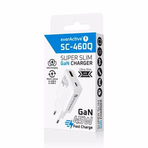 EVERACTIVE GaN tinklo įkroviklis 1× USB-C, 1× USB Quick Charge 3.0 45 W PD, baltas