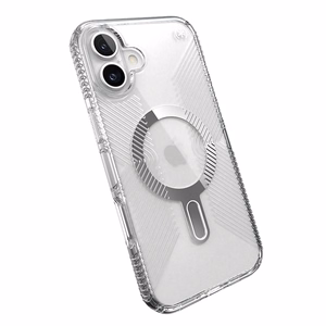 Speck Presidio Perfect-Clear Grip ClickLock & MagSafe dėklas, skirtas iPhone 16 Plus, skaidrus / chromo apdaila / „Serene Silver“