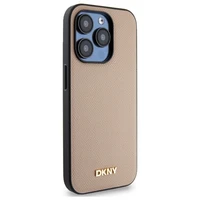 DKNY Grained Metal Logo Magnetinis iPhone 15 Pro dėklas - smėlio spalvos