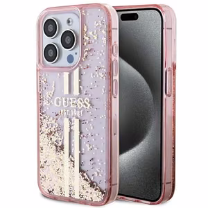 Guess Liquid Glitter Gold Stripes dėklas telefonui iPhone 15 Pro - rožinis