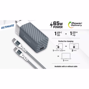Energizer Ultimate A65MUC GaN kelioninis tinklo įkroviklis su EU / UK / US kištukais, USB-C + USB-A, 65 W PD, su USB-C laidu, juodas