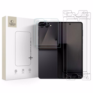 „Tech-Protect“ apsaugų rinkinys, skirtas „Samsung Galaxy Z Flip 7 / 8“: „Glass Fit+“ grūdintas stiklas, 2 vnt., ir „Hydro Flex+“ hidrogelio plėvelė, 2 vnt.