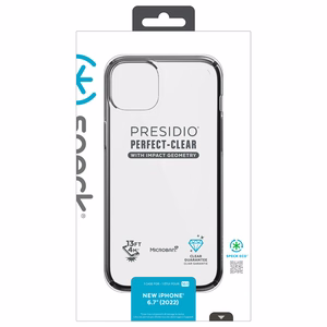 Speck Presidio Perfect-Clear with Impact Geometry case for iPhone 15 Plus / 14 Plus, with Microban antimicrobial protection, Clear / Black