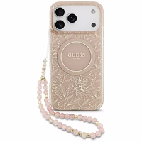 Guess IML Flowers Electro Pearl Strap MagSafe dėklas telefonui iPhone 17 Pro Max - rožinis