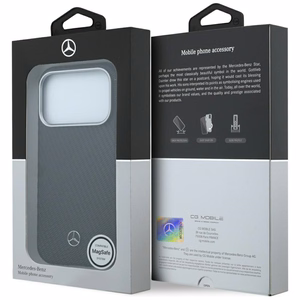 Mercedes dalinio apgaubimo odinis MagSafe dėklas su medžio efektu, skirtas iPhone 17 Pro / 18 Pro, juodas