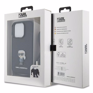 Karl Lagerfeld kryžminis Saffiano monograma metalinis ženkliukas Karl & Choupette dėklas telefonui iPhone 15 Pro - juodas