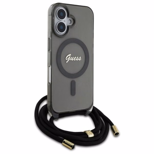 Guess Crossbody Cord Script Magnetinis dėklas iPhone 16 - juodas