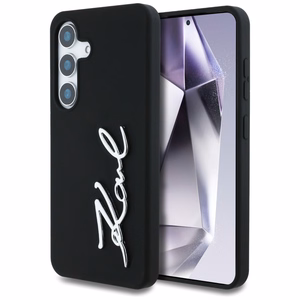 Karl Lagerfeld silikoninis metalinis parašo logotipas Samsung Galaxy S25 dėklas juodas