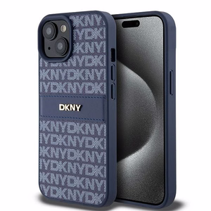 DKNY Odinis mono juosta ir metalinis logotipas dėklas telefonui iPhone 15 / 14 / 13 - mėlynas