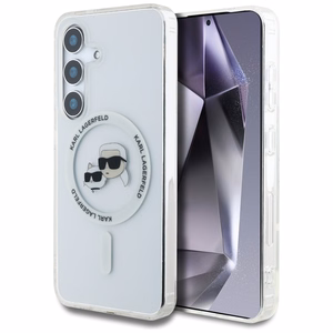 Dėklas telefonui Karl Lagerfeld Button Karl & Choupette Heads Išspausdintas logotipas MagSafe Samsung Galaxy S25 - baltas