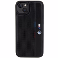BMW perforuotas trispalvės linijos dėklas telefonui iPhone 15 Plus / 14 Plus - juodas