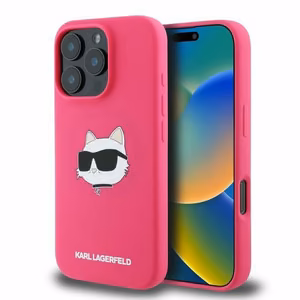 Karl Lagerfeld silikoninis dėklas telefonui Choupette Head Print Magnetinis iPhone 16 Pro Max - fuksija