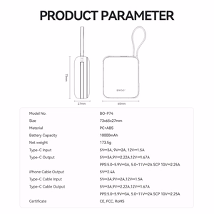 BWOO power bank P74 22.5W 10000 mAh with 2 built-in cables 1 x USB-C  1 x Lightning black