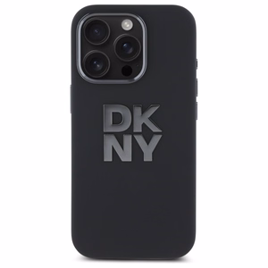 DKNY skystos silikoninės medžiagos dėklas telefonui su metaliniu logotipu iPhone 16 Pro Max - juodas