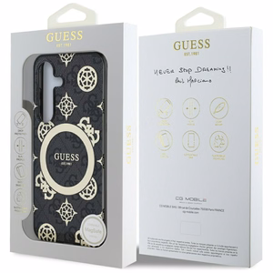 Guess 4G fono auksu padengtas bijūnų rašto magnetinis dėklas telefonui Samsung Galaxy S25 juodas