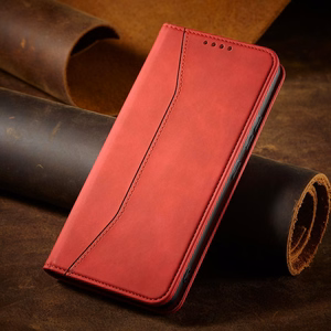Magnetinis puošnus dėklas Samsung Galaxy S23+ su atverčiamu piniginės dangteliu ir stovu raudona