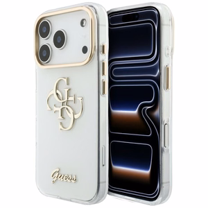 Guess IML 4G Script Metal dėklas, skirtas iPhone 18 Pro / 17 Pro, baltas