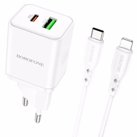 Borofone Sieninis įkroviklis BN7 - USB + Type C - QC 3.0 PD 20W su Type C į Lightning kabeliu baltas