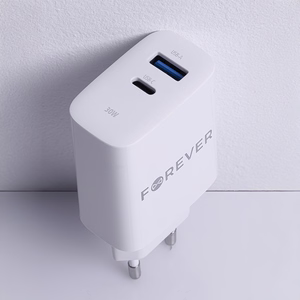 Forever TC-07-30AC PD QC įkroviklis 1x USB-C 1x USB 30W baltas + USB-C - USB-C laidas 60W