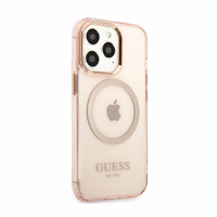 Guess GUHMP13LHTCMP iPhone 13 Pro / 13 6.1" rožinis/rožinis kietas dėklas telefonui su auksiniu kontūru, permatomas Magnetinis MagSafe