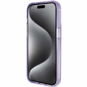 Guess dėklas telefonui su stovu Ring Stand Script Glitter magnetinis iPhone 15 Pro - violetinis
