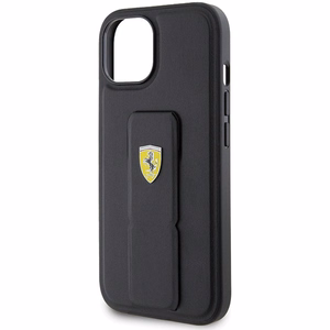 Ferrari Grip Stand Metal Logo dėklas iPhone 15 – juodas