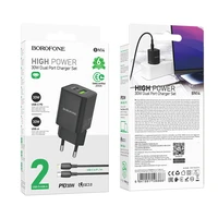Borofone Sieninis įkroviklis BN14 Royal GaN - USB + Type C - QC 3.0 PD 30W su Type C į Lightning kabeliu juodas