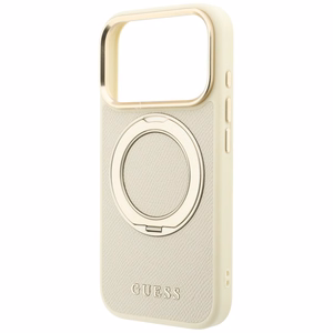 Guess Ring Stand 360 Grained Classic Logo MagSafe dėklas iPhone 18 Pro Max / 17 Pro Max – smėlinis