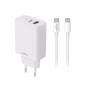"Maxlife MXTC-10-30AC PD QC įkroviklis 1x USB-C 1x USB 30W baltos spalvos + USB-C - USB-C kabelis 60W