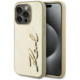 Karl Lagerfeld Wrinkled Metal Signature dėklas telefonui iPhone 15 Pro Max - auksinis