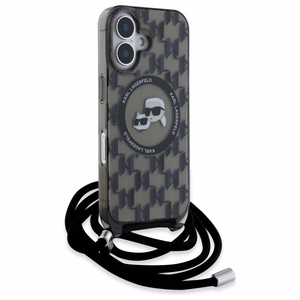 Karl Lagerfeld IML per petį monograminis Karl ir Choupette galvos MagSafe iPhone 16 dėklas - juodas