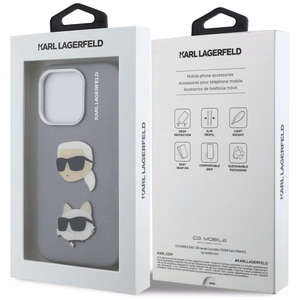 Karl Lagerfeld FW Grained Karl & Choupette Heads Pins Dėklas iPhone 16 Pro - pilkas