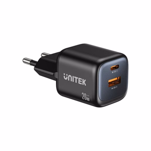 Unitek GaN tinklo įkroviklis USB-A ir USB-C 20W juodas