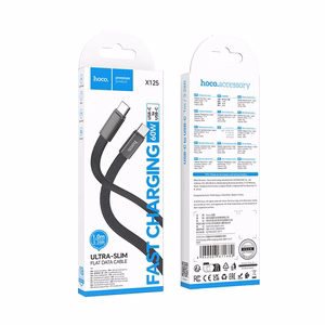 Plokščias kabelis USB C į USB C Hoco 3A 60W 1 m X125 juodas
