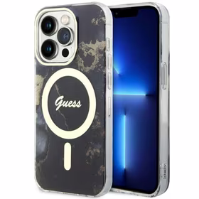 Guess GUHMP14XHTMRSK iPhone 14 Pro Max 6.7" juodas kietas dėklas Golden Marble Magnetinis
