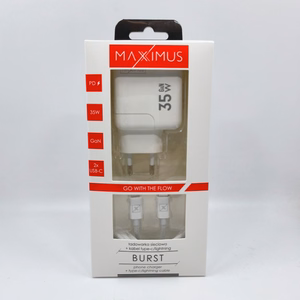 Sieninis įkroviklis MX BURST GaN PD 35W, 2xUSB-C + C/Lightning PD laidas 20W baltas