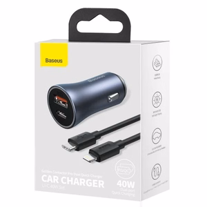 Baseus Golden Contactor Pro greitas automobilinis įkroviklis USB Type C / USB 40 W Power Delivery 3.0 Quick Charge 4+ SCP FCP AFC + USB Type C kabelis - Lightning pilkas (TZCCJD-B0G)