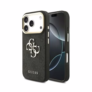 Guess PU Leather 4G Metal Logo Gold Frame dėklas Apple iPhone 18 Pro Max, juodas