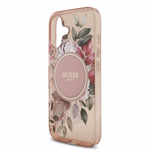 Dėklas Guess IML Flowers Strap MagSafe Apple iPhone 17 rožinis