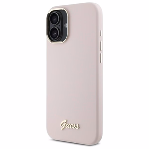Guess Silikoninis Užrašas Metalinis Logo & Rėmelis iPhone 16 Plus Dėklas - rožinis