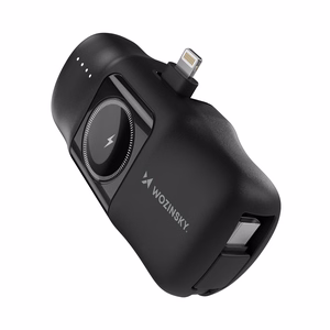 Wozinsky WF16-YLS 5000mAh 15W Lightning mini išorinė baterija su įmontuotu USB-C kabeliu ir Apple Watch įkrovikliu - juoda