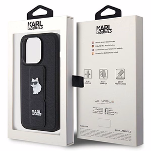 Karl Lagerfeld Gripstand Saffiano Choupette Pins dėklas telefonui iPhone 14 Pro Max - juodas