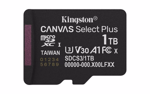 Kingston Technology 1TB microSDXC Canvas Select Plus Gen3 150MB/s A1 kortelė + adapteris