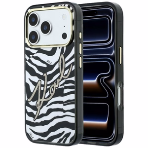 Karl Lagerfeld IML Signature Zebra Glitter MagSafe dėklas, skirtas iPhone 17 Pro / 18 Pro – auksinis